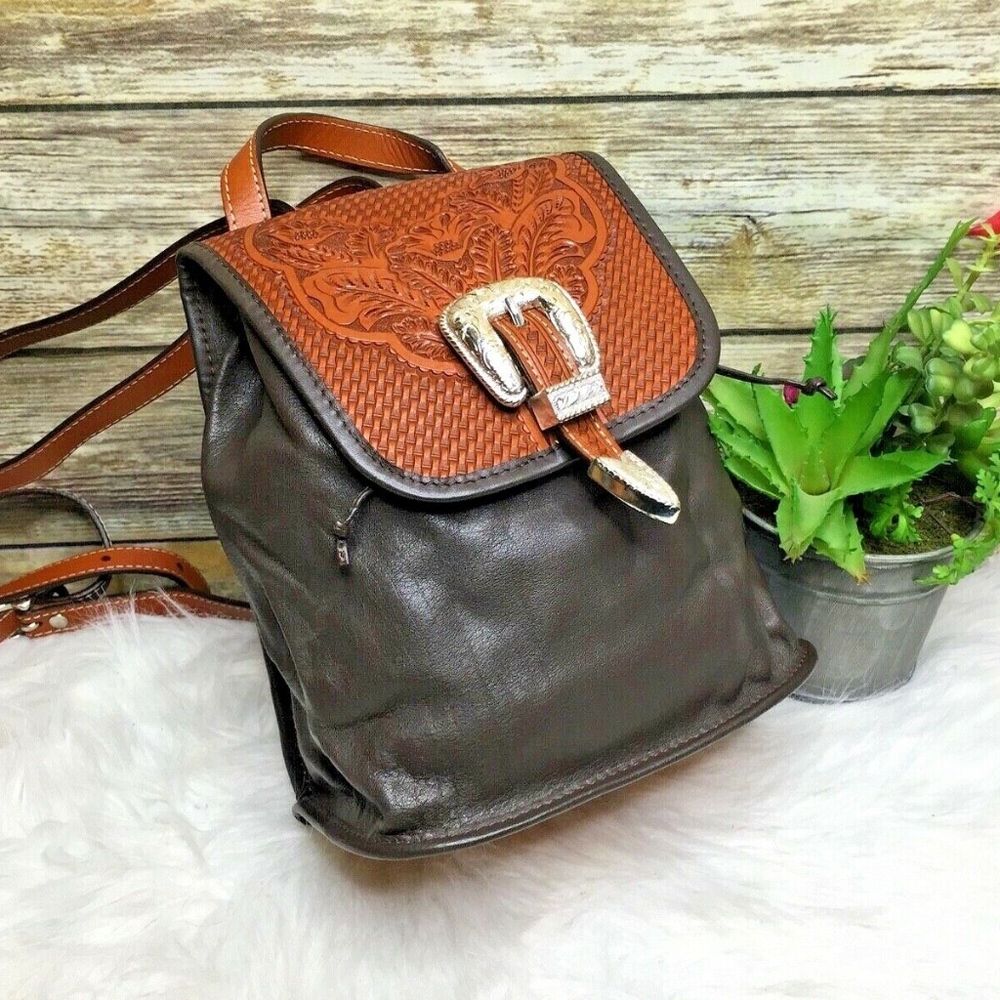 Vintage Brown Leather Floral Embossed Backpack